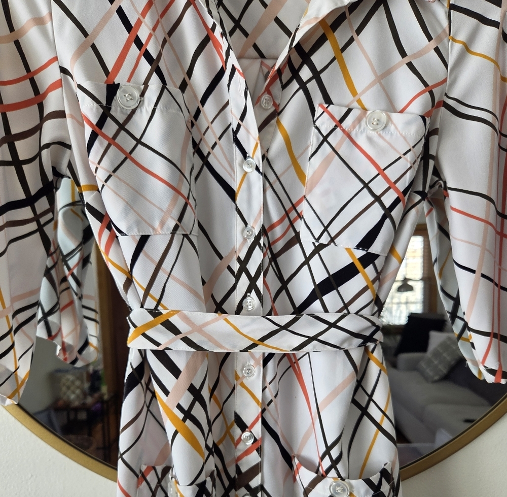 New York & Co White Plaid Button Front Shirt Dress Belted Small Petite EUC NY&Co - Picture 8 of 16